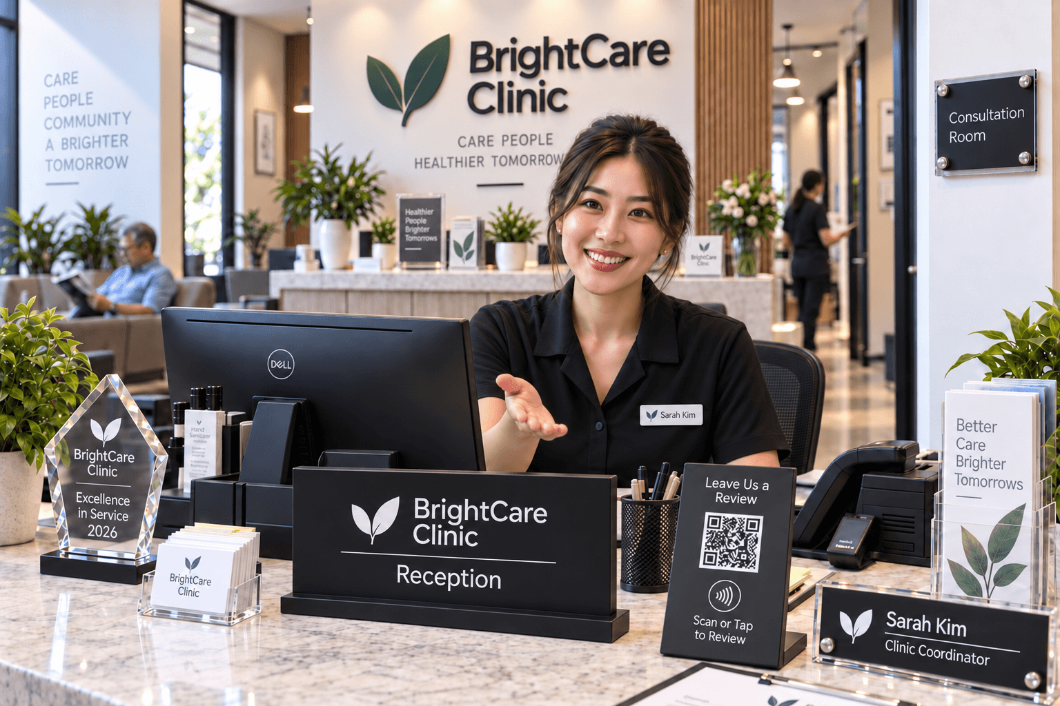 Business environment showing multiple EXXPLORE identification, signage, review and recognition touchpoints
